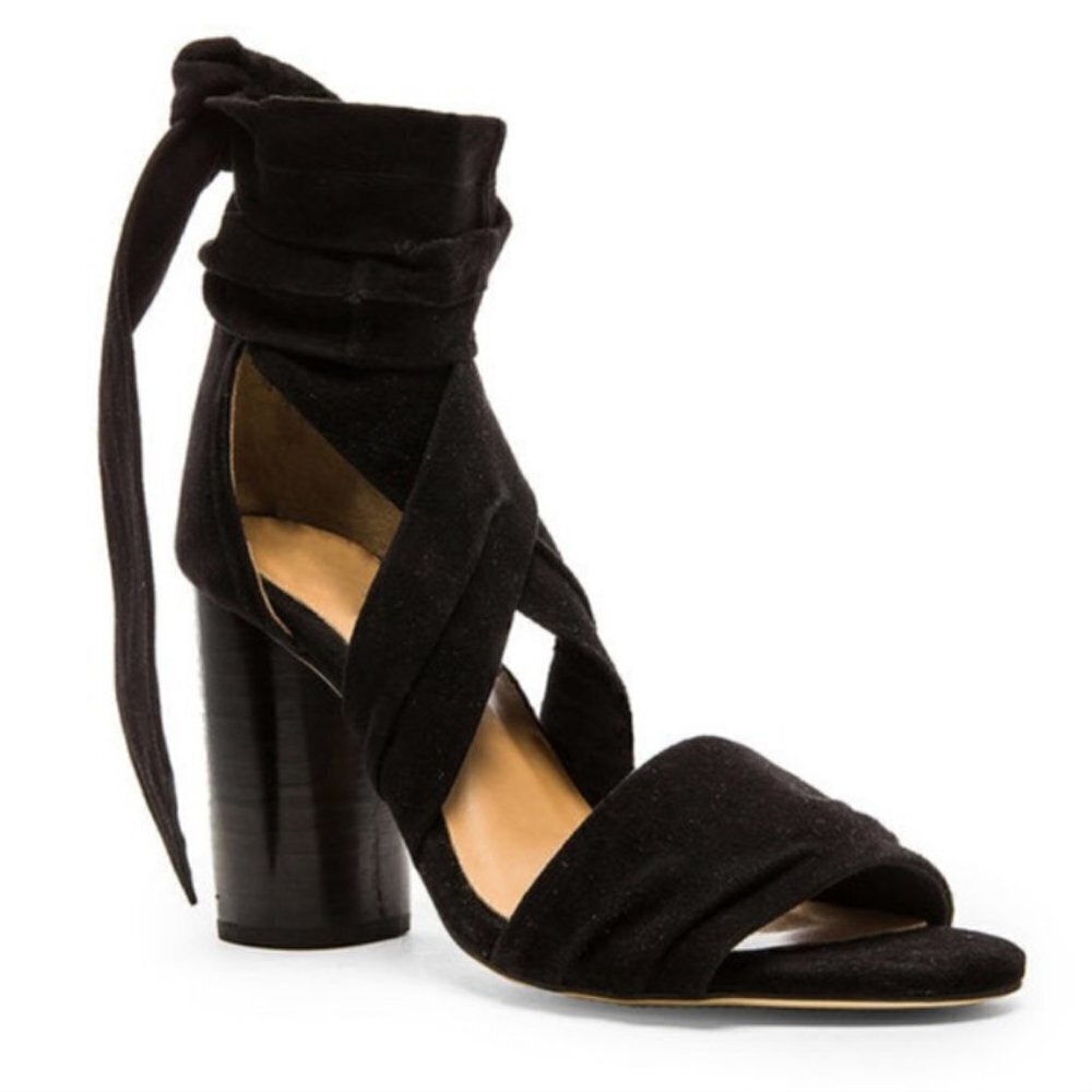 𝅺REVOLVE x RAYE Mia Ankle Wrap Black Suede Sandals Heels BLOGGERS FAVOURITE